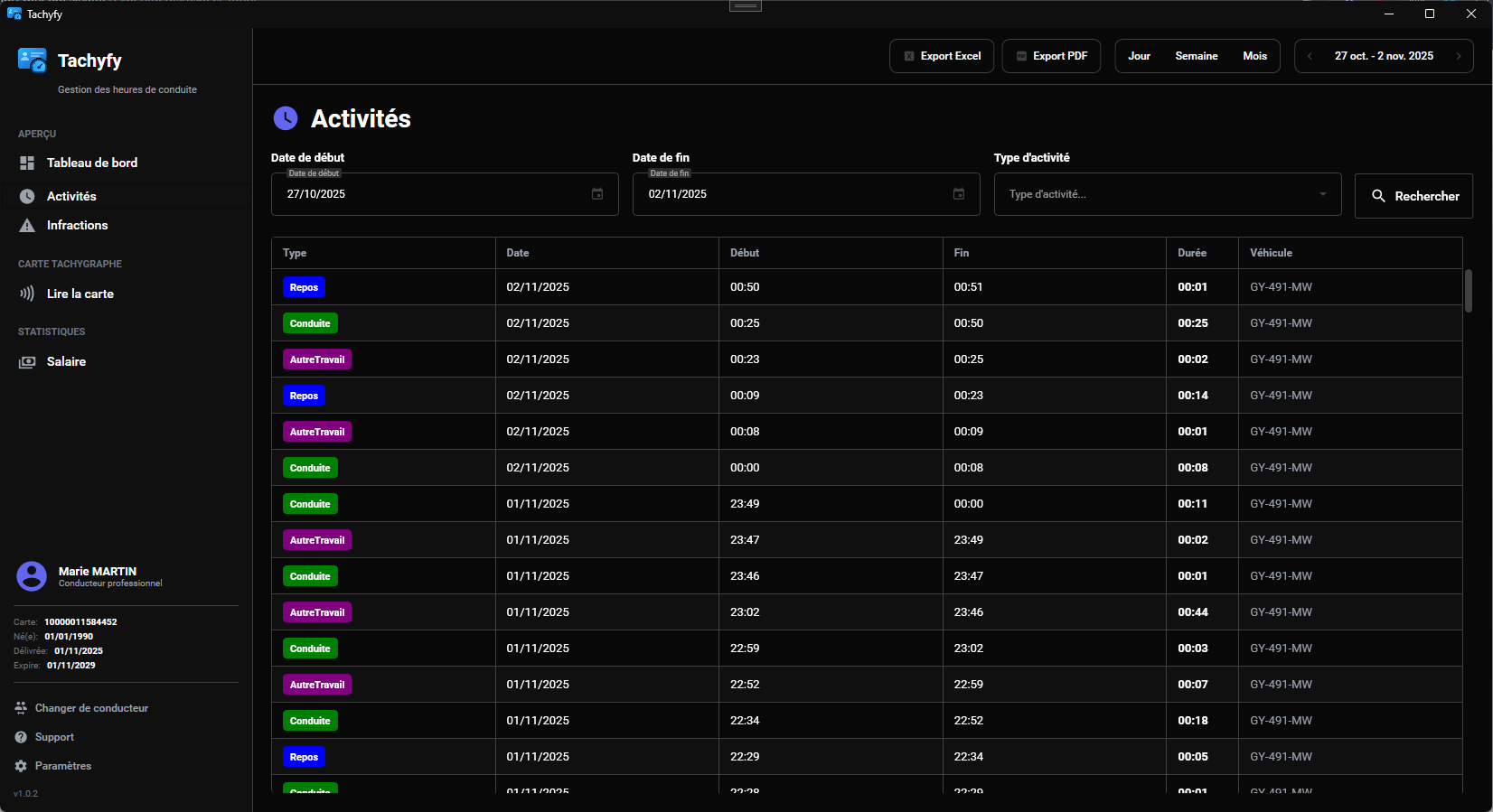 Tachyfy - Page Activités avec liste détaillée de toutes les activités de conduite