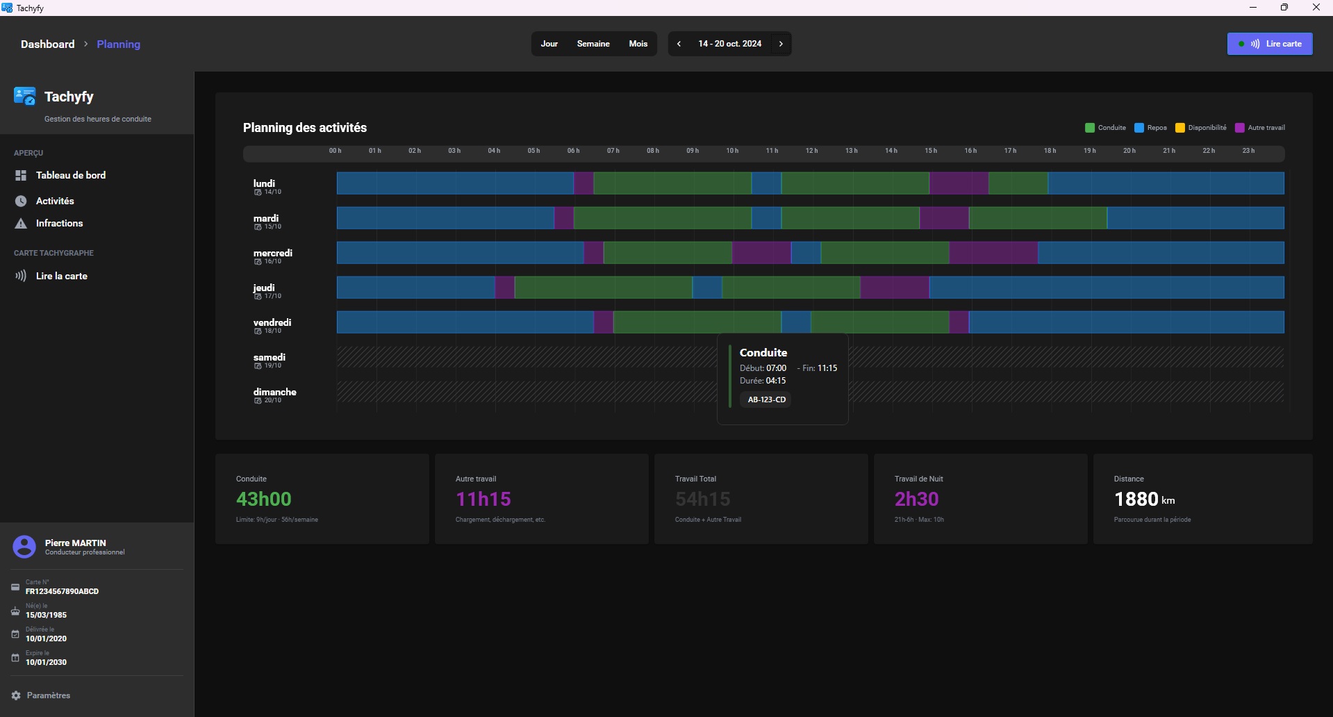 Capture d'écran de Tachyfy montrant l'interface de gestion des heures de conduite avec timeline visuelle, statistiques de conduite, travail et repos pour conducteur routier